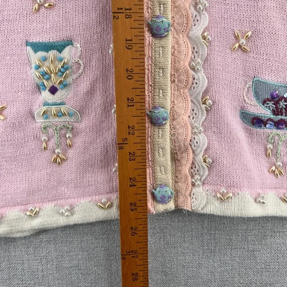 VTG Y2K Storybook Knits Tea Cardigan Sweater Women S Pink Embroidered Cottage - Picture 10 of 13